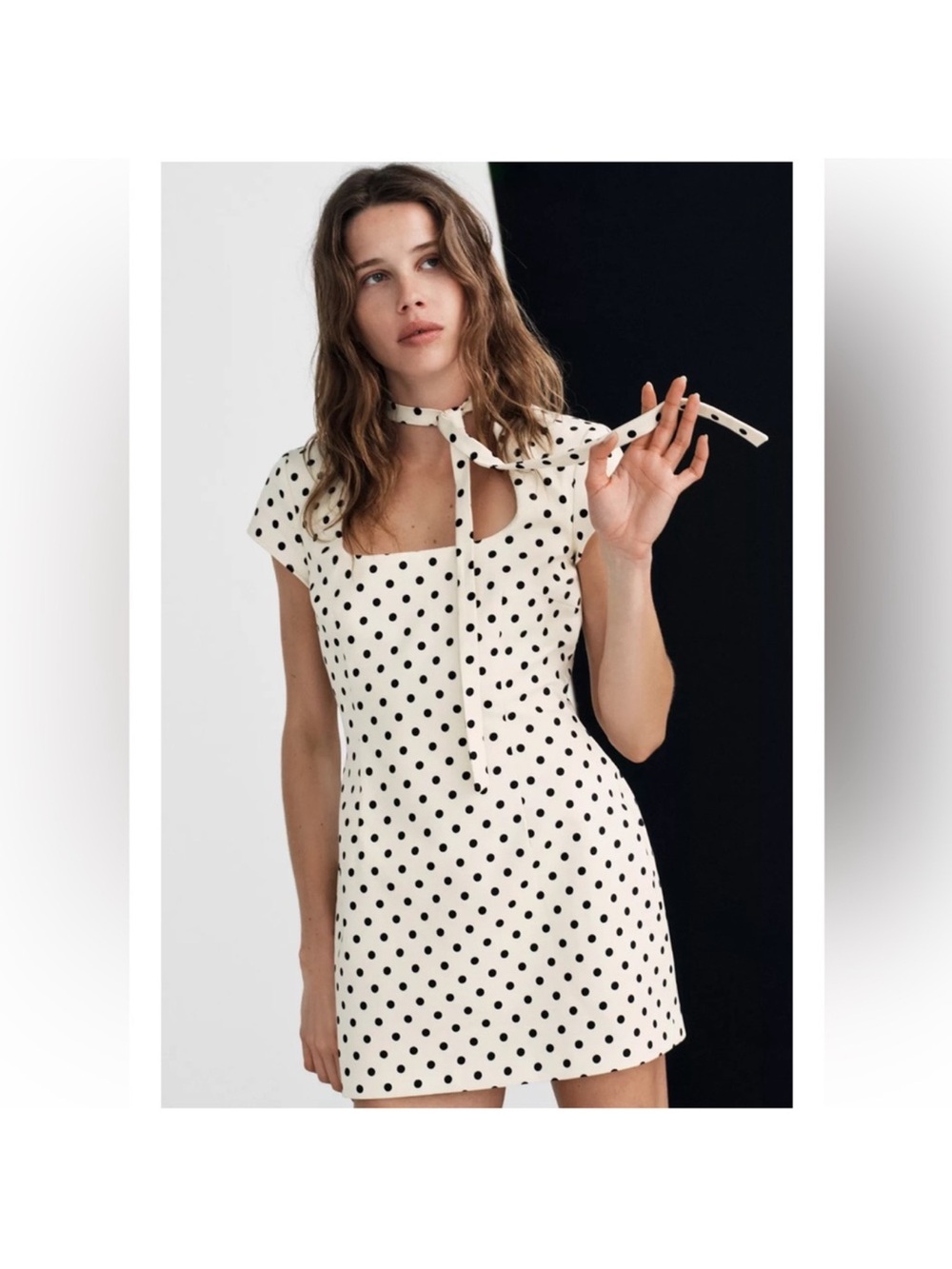 Polka Dot Square-Neck Mini Dress with Tie - White/Black NWT